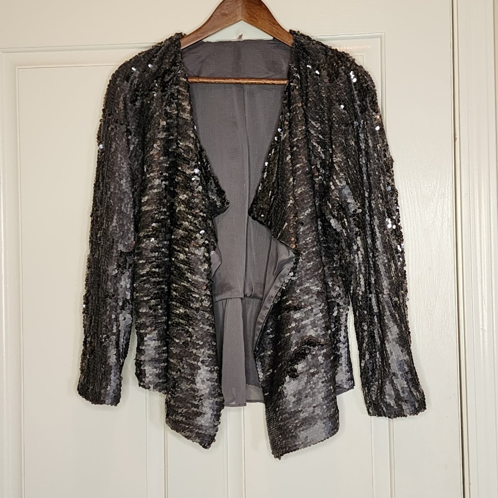 Free People grey sequin peplum back open waterfall front cardigan jacket- Medium
